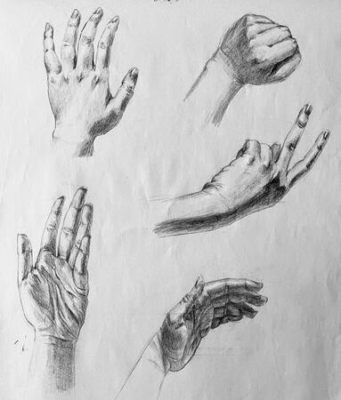 Hand &amp; light studies. Conté on newsprint. For Foundation Drawing II: Life Drawing