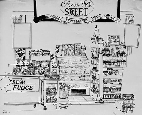 St. Lawrence Market one-point perspective study Ink on bond. For Foundation Drawing I: Observational Drawing