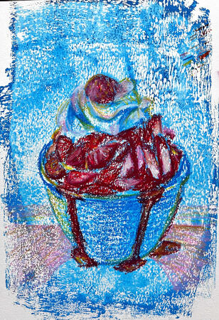 Strawberry bingsu print Screen printing ink &amp; oil pastel. For Painting &amp; Mixed Media Studio course